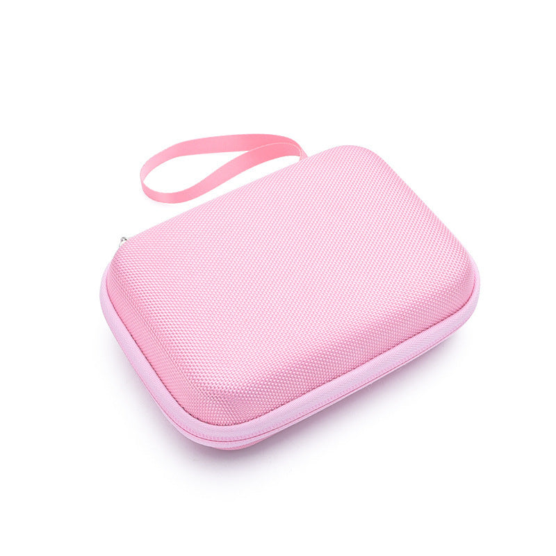 Pink carrying case with a handle on a white background