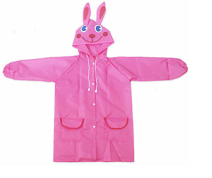 Pink children's raincoat with bunny design on a white background