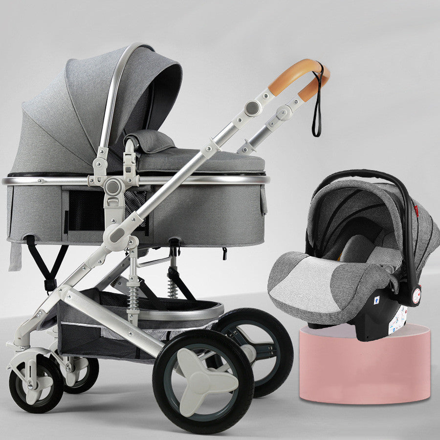 Baby stroller and car seat set on a gray background