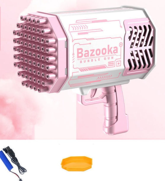 Pink bubble gun with 'Bazooka' branding on a pink background