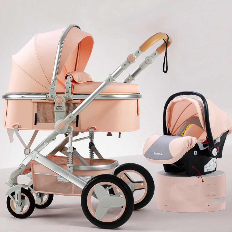 Pink baby stroller and car seat set on a light gray background
