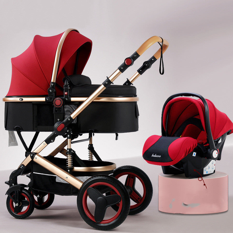 Red and black baby stroller and car seat on a light gray background