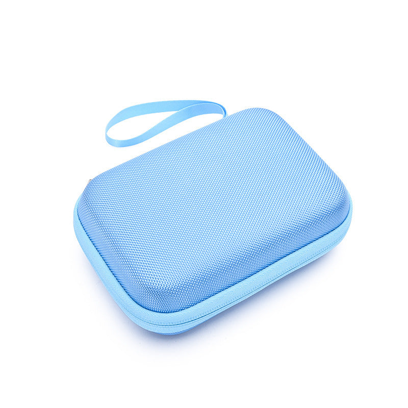 Blue carrying case with a handle on a white background