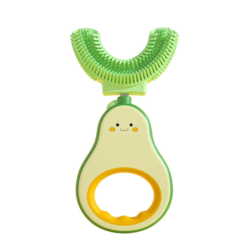Avocado-shaped toothbrush with green bristle head on a white background