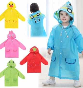 Children's raincoats in various colors with cartoon designs on a white background.