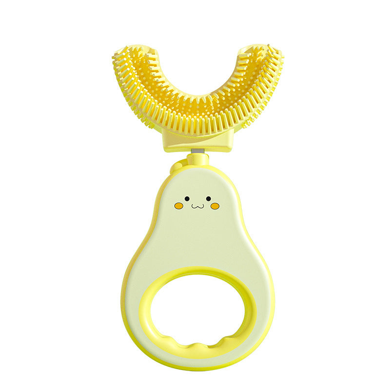 Yellow children's toothbrush with a cartoon face on a white background