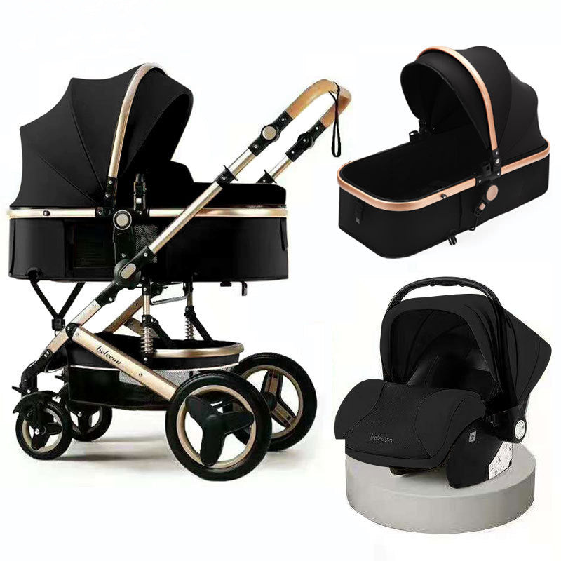 Black and gold baby stroller set with car seat on a white background