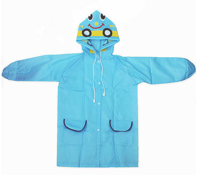 Blue raincoat with cartoon character hood on a white background