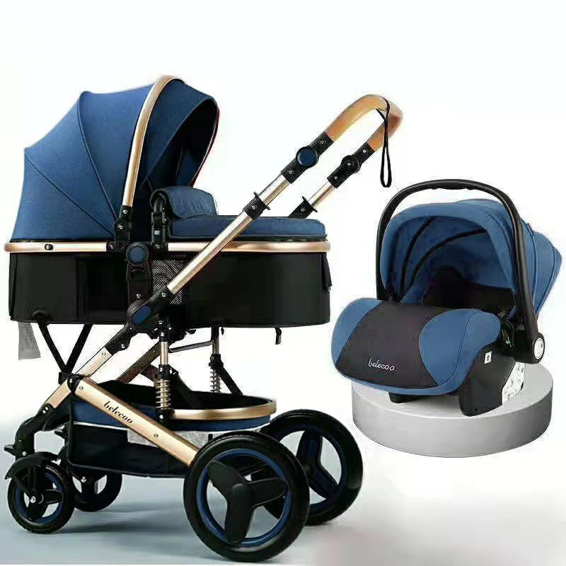 Blue baby stroller and car seat set on a white background
