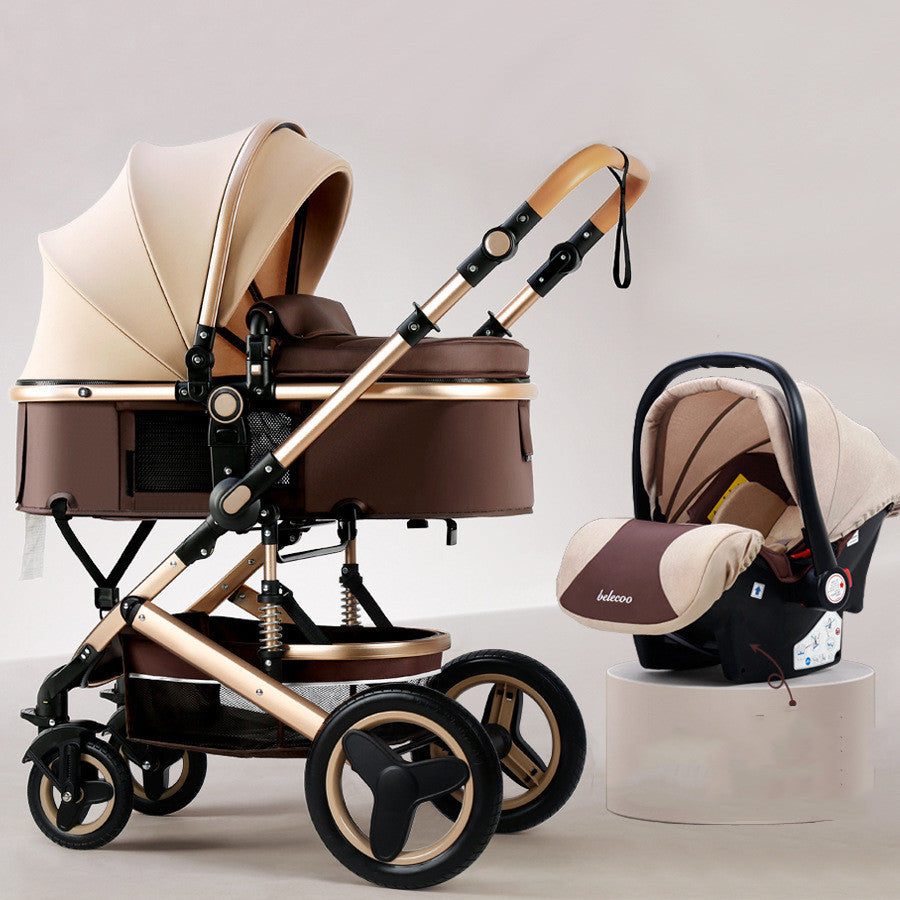 Beige and brown baby stroller with car seat on a light gray background