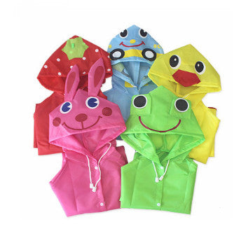 Set of colorful children's raincoats with animal faces on a white background
