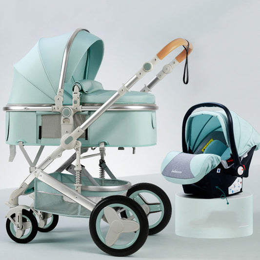 Mint green baby stroller and car seat set on a light gray background