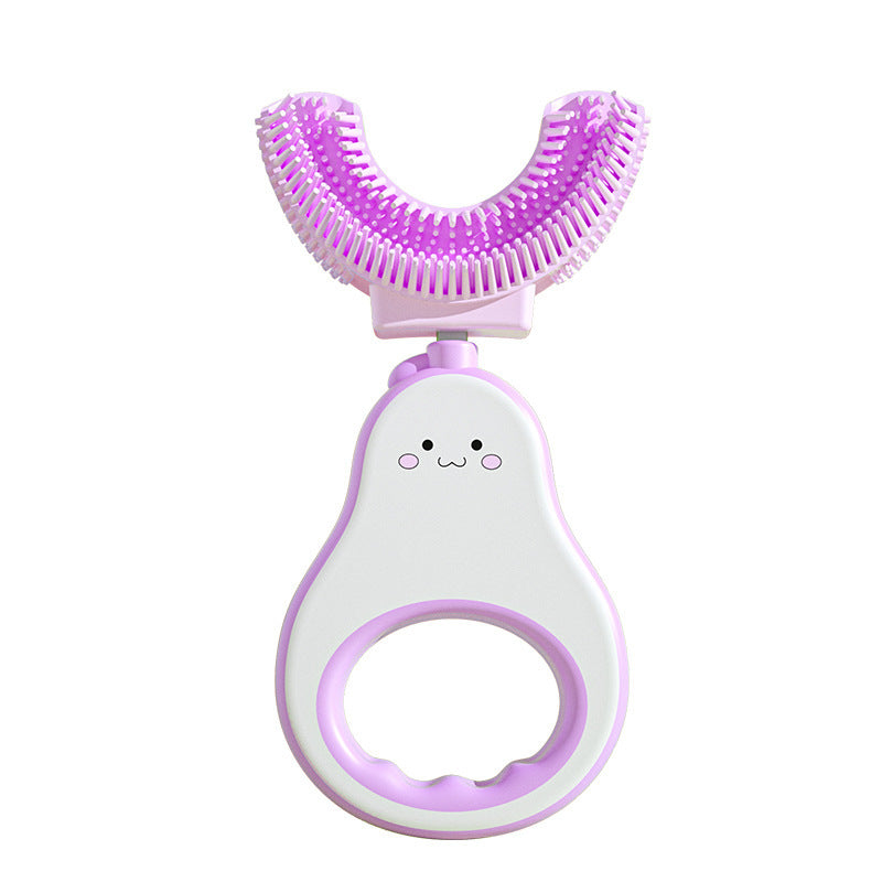 Purple toothbrush with a cute face design on a white background